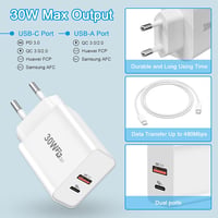 cshare 30W USB-C Gyorstöltő PD 3.0 PPS Technológiával - 2 Portos Töltő Google Pixel, iPhone, Samsung Készülékekhez 2m Kábellel 2