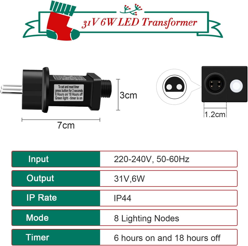 cshare 31V LED Tápegység 6W - 8 Üzemmódú Transzformátor Időzítővel és Memóriával, IP44 Vízálló Adapter Karácsonyi Fényekhez, Jégcsap és Tünd