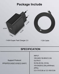 cshare 45W GaN USB-C Gyorstöltő Samsung S24 Ultra/S24+/S23/S22 Készülékekhez - PPS PD3.0 Technológia, 2m 5A Kábellel, Fekete 6
