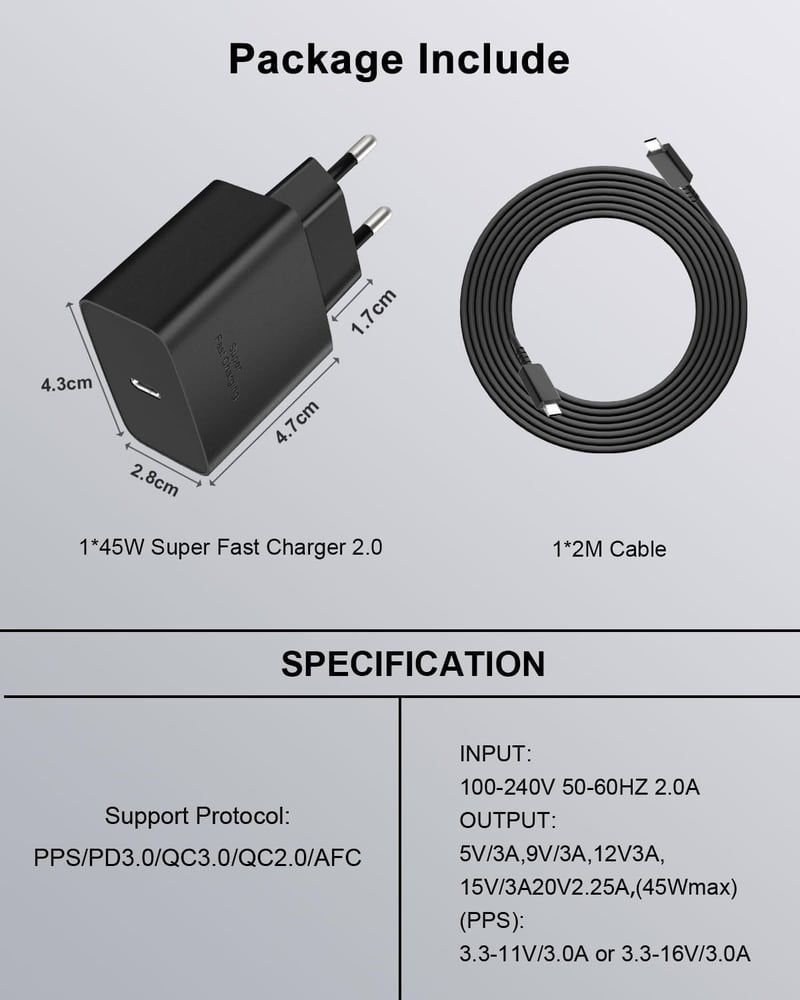 cshare 45W GaN USB-C Gyorstöltő Samsung S24 Ultra/S24+/S23/S22 Készülékekhez - PPS PD3.0 Technológia, 2m 5A Kábellel, Fekete
