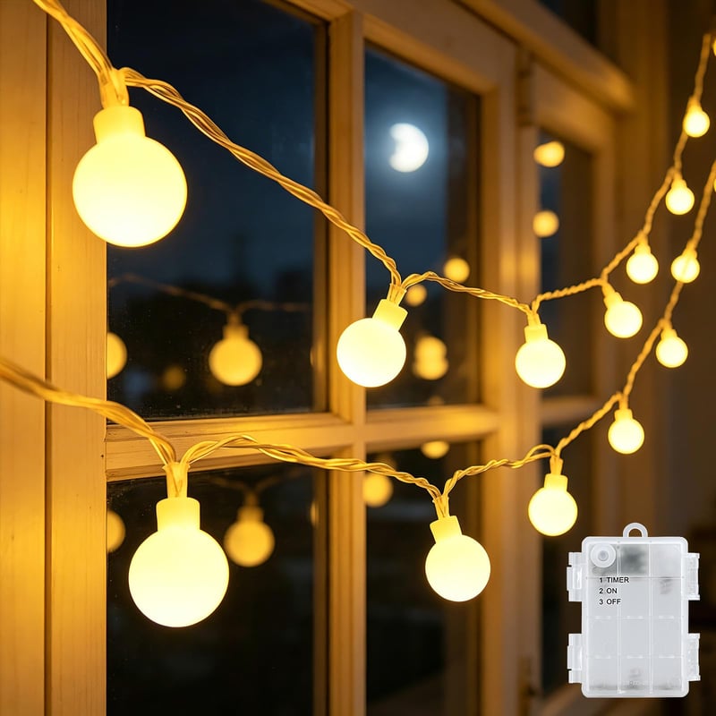Ghirlandă luminoasă cu globuri cshare pe baterii, pentru exterior, 3 m, 20 LED-uri, lumină albă caldă, cu temporizator, rezistentă la apă IP65, pentru grădină, camping, Crăciun, decorațiuni interioare și exterioare