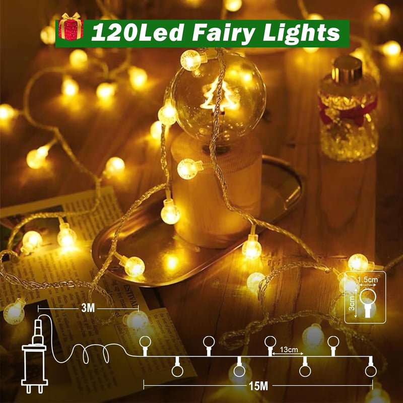 cshare Kültéri Gömb Fényfüzér - 15m, 120 LED, Meleg Fehér, 8 Üzemmód, Időzítő, IP65 Vízálló, Karácsonyra, Kertbe, Erkélyre