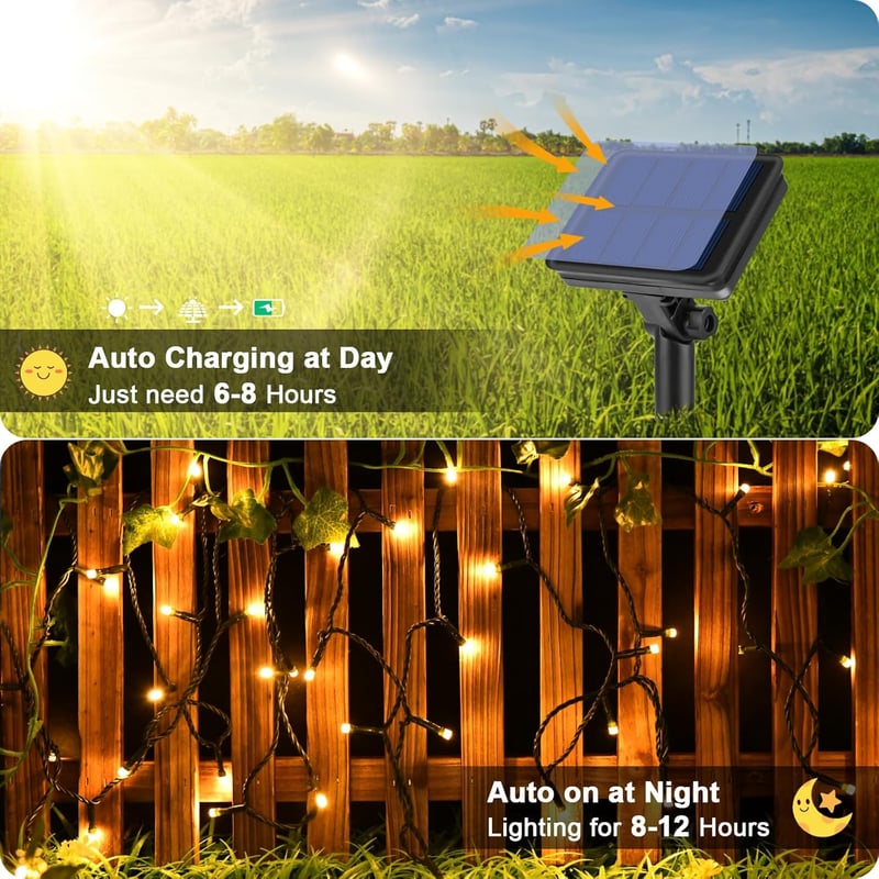 cshare Kültéri Napelemes Fényfüzér 12m 120 LED Meleg Fehér IP65 Vízálló 8 Világítási Móddal Kertbe Teraszra Karácsonyfára Bel- és Kültérre