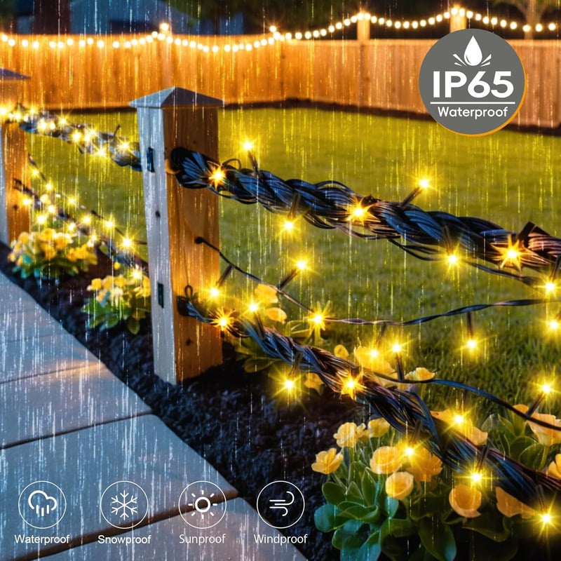 cshare Kültéri Napelemes Fényfüzér 12m 120 LED Meleg Fehér IP65 Vízálló 8 Világítási Móddal Kertbe Teraszra Karácsonyfára Bel- és Kültérre