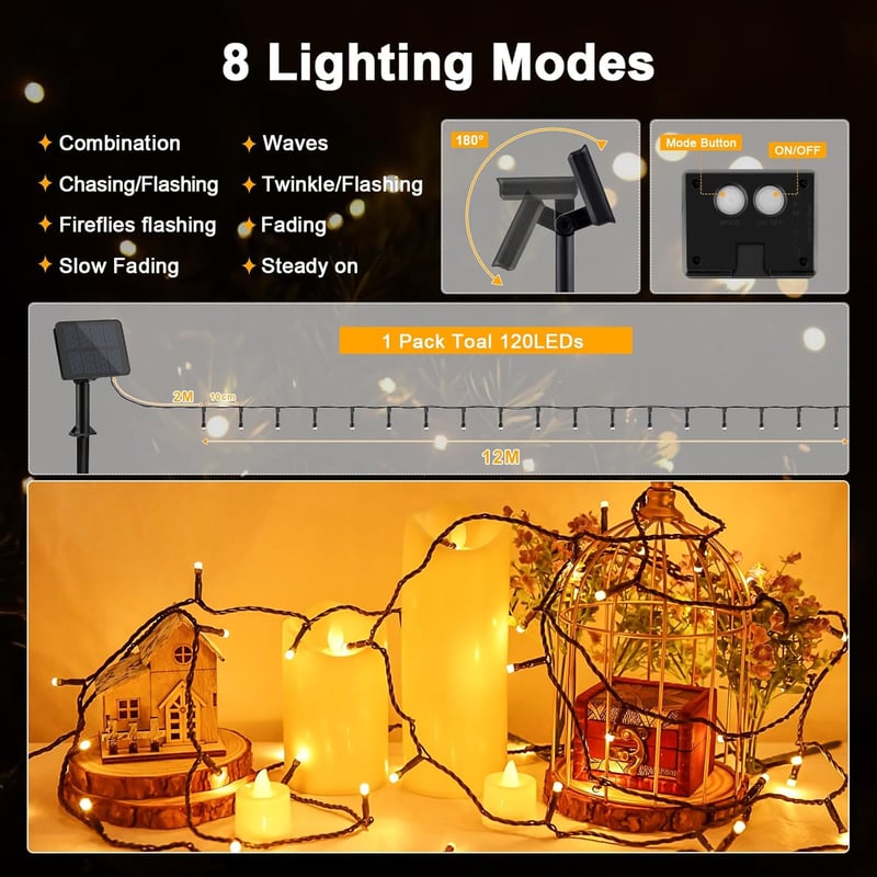 cshare Kültéri Napelemes Fényfüzér 12m 120 LED Meleg Fehér IP65 Vízálló 8 Világítási Móddal Kertbe Teraszra Karácsonyfára Bel- és Kültérre
