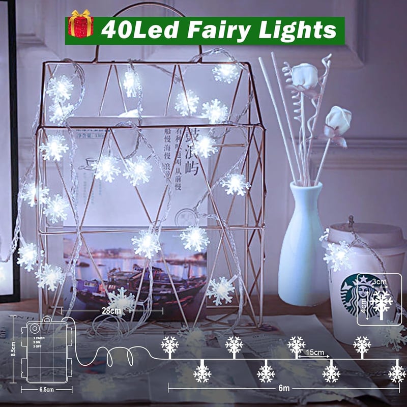 cshare LED Hópehely Fényfüzér 6m 40 LED - Elemes, Időzítővel, IP65 Vízálló Dekoráció Kertbe, Kempinghez, Karácsonyra, Bel- és Kültérre - Hid