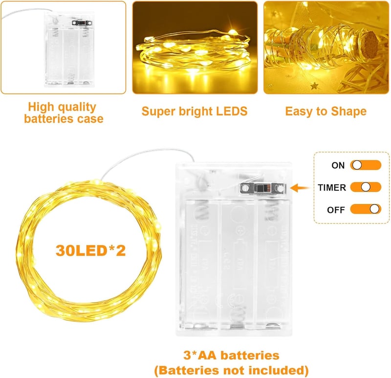 cshare LED Tündérfény 2x3m - Elemes Rézhuzalos Fényfüzér Időzítővel, Vízálló, 30 LED, Meleg Fehér - Kerti, Beltéri, Kültéri Dekorációhoz, Ka