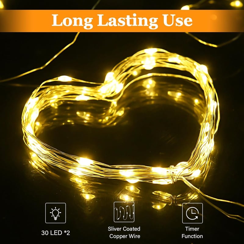 cshare LED Tündérfény 2x3m - Elemes Rézhuzalos Fényfüzér Időzítővel, Vízálló, 30 LED, Meleg Fehér - Kerti, Beltéri, Kültéri Dekorációhoz, Ka