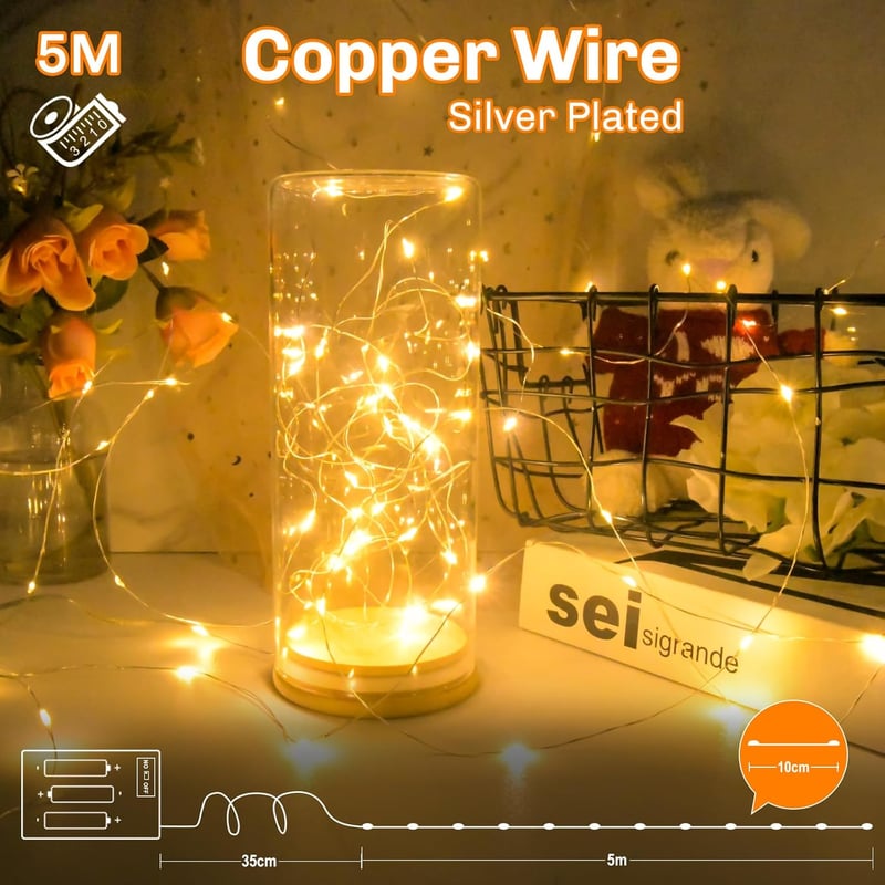 cshare LED Tündérfény 2x5m - Elemes Ezüst Drót Fényfüzér Időzítővel, 50 LED, Vízálló, Meleg Fehér - Beltéri/Kültéri Dekoráció Karácsonyra