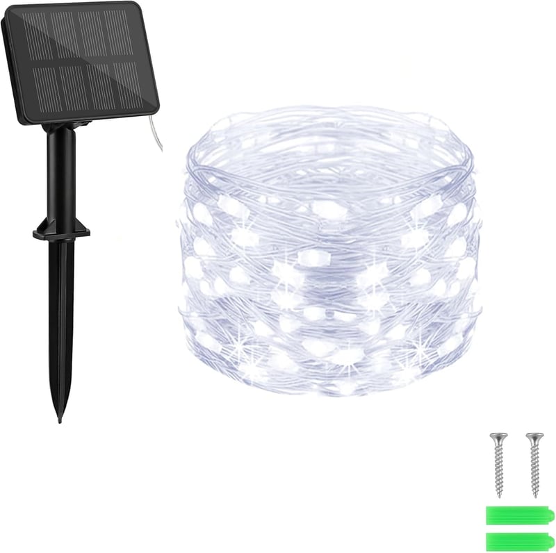 cshare Napelemes Fényfüzér 10m 100 LED - Réz Drót, Hideg Fehér, 8 Világítási Mód, Időzítő, IP65 Vízálló, Kültéri-Beltéri Dekoráció Kertbe, K