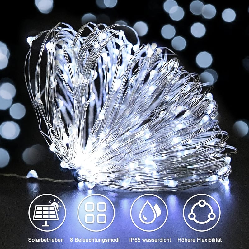 cshare Napelemes Fényfüzér 10m 100 LED - Réz Drót, Hideg Fehér, 8 Világítási Mód, Időzítő, IP65 Vízálló, Kültéri-Beltéri Dekoráció Kertbe, K