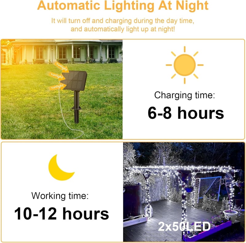 cshare Napelemes Fényfüzér 10m 100 LED - Réz Drót, Hideg Fehér, 8 Világítási Mód, Időzítő, IP65 Vízálló, Kültéri-Beltéri Dekoráció Kertbe, K