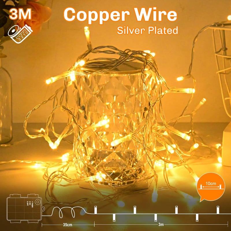 cshare Tündérfény 3m 30 LED Elemes Fényfüzér - IP65 Vízálló, 6 Órás Időzítővel, Beltéri/Kültéri Dekoráció Karácsonyra, Kertbe, Szobába (Mele