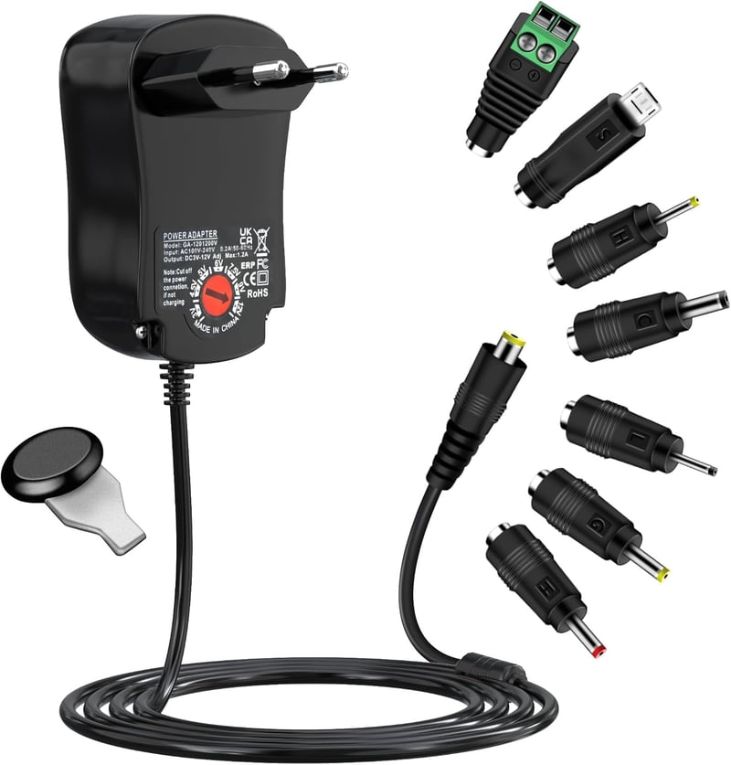 cshare Univerzális Hálózati Adapter 3-12V 12W - 7 Cserélhető Csatlakozóval, 1A, LED Szalaghoz, Kamerához, Routerhez, Elektronikai Eszközökhö