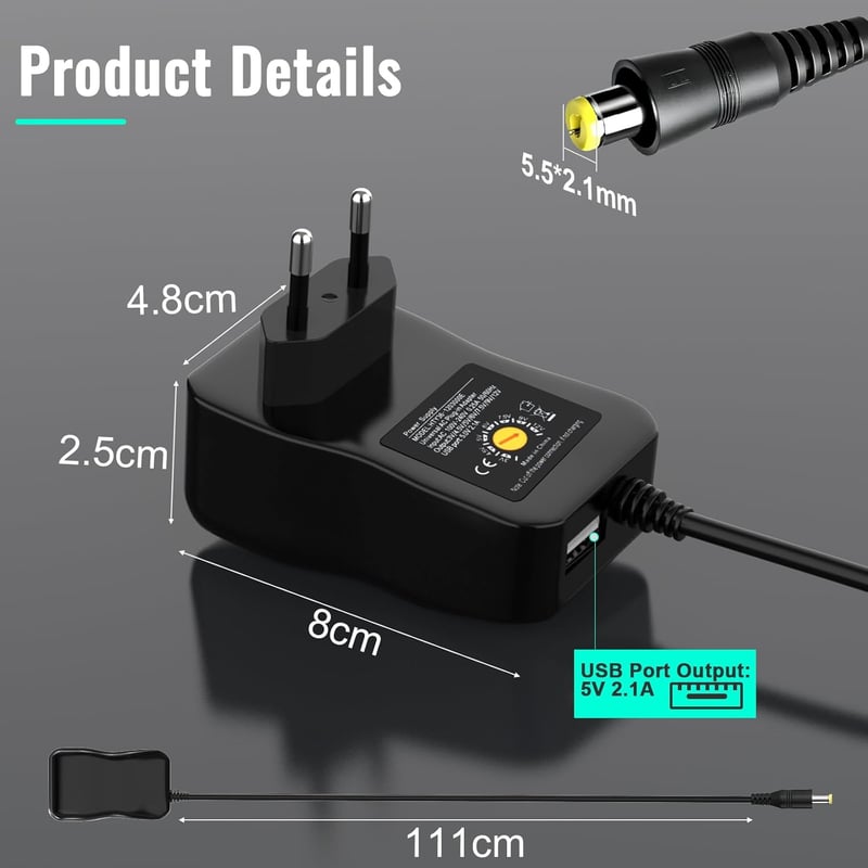 cshare Univerzális Hálózati Adapter 40W - 3V-12V Állítható Tápegység 7 Cserélhető Csatlakozóval és USB Porttal - LED, Router, Kamera Kompati