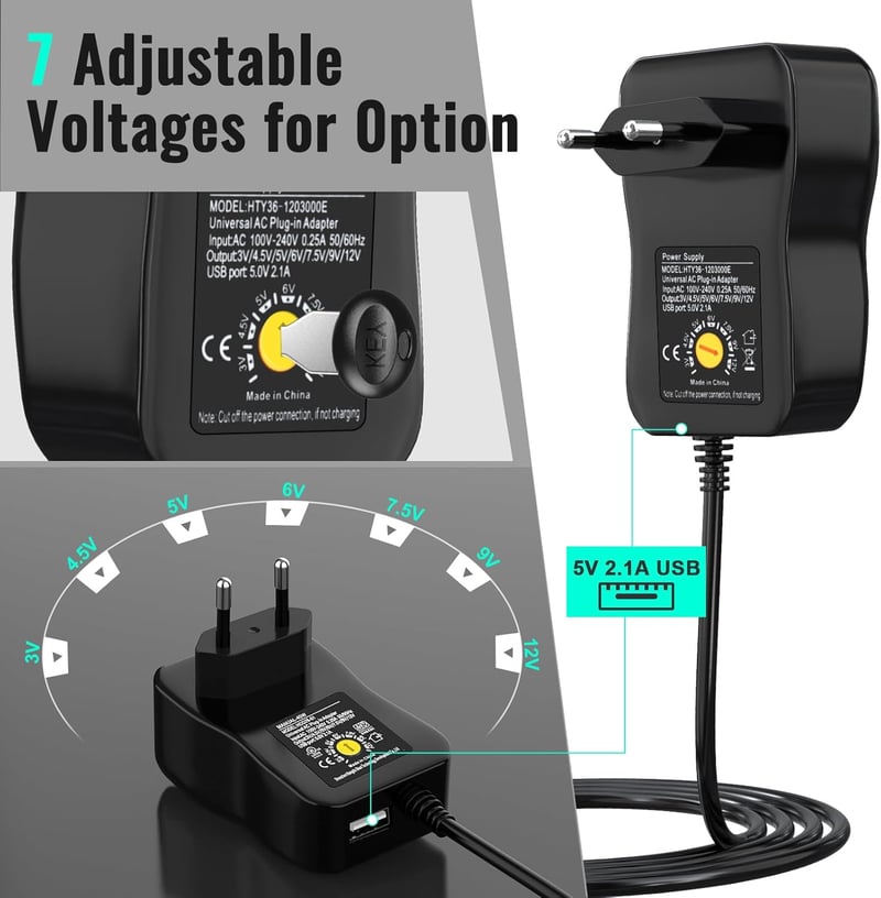 cshare Univerzális Hálózati Adapter 40W - 3V-12V Állítható Tápegység 7 Cserélhető Csatlakozóval és USB Porttal - LED, Router, Kamera Kompati