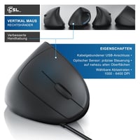 CSL-Computer vezetékes optikai függőleges egér 6400 DPI, ergonomikus, 5 gomb, könyökbarát design, fekete 2