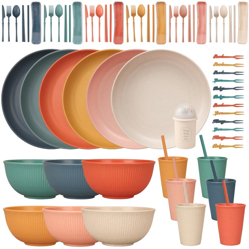 Set de veselă incasabil CSYY pentru 6 persoane, set de camping din 66 de piese, farfurii, boluri și tacâmuri din plastic pentru picnic, set ușor și colorat pentru grătar