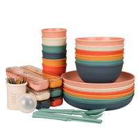 Set de veselă incasabil CSYY pentru 6 persoane, set de camping din 66 de piese, farfurii, boluri și tacâmuri din plastic pentru picnic, set ușor și colorat pentru grătar 8