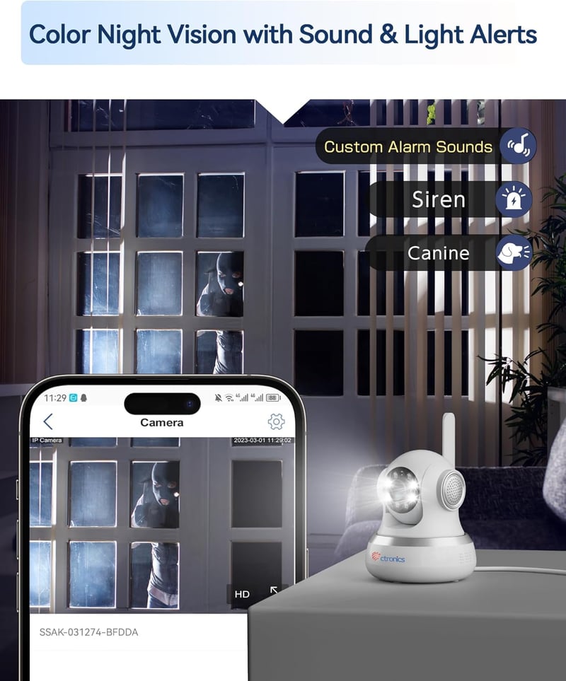 Ctronics 4G Beltéri Kamera SIM Kártyás Autókövetéshez, Éjszakai Látás, 360° PTZ, Kétirányú Hang