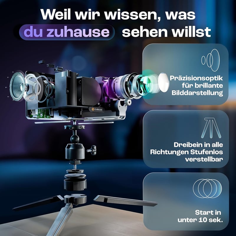 CuBeam Mini 4K Projektor - 20000 Lumen LED Házimozi Vetítő WiFi és Bluetooth Kapcsolattal, 4D Képkorrekció, Rövid Vetítési Távolság, Hordozh