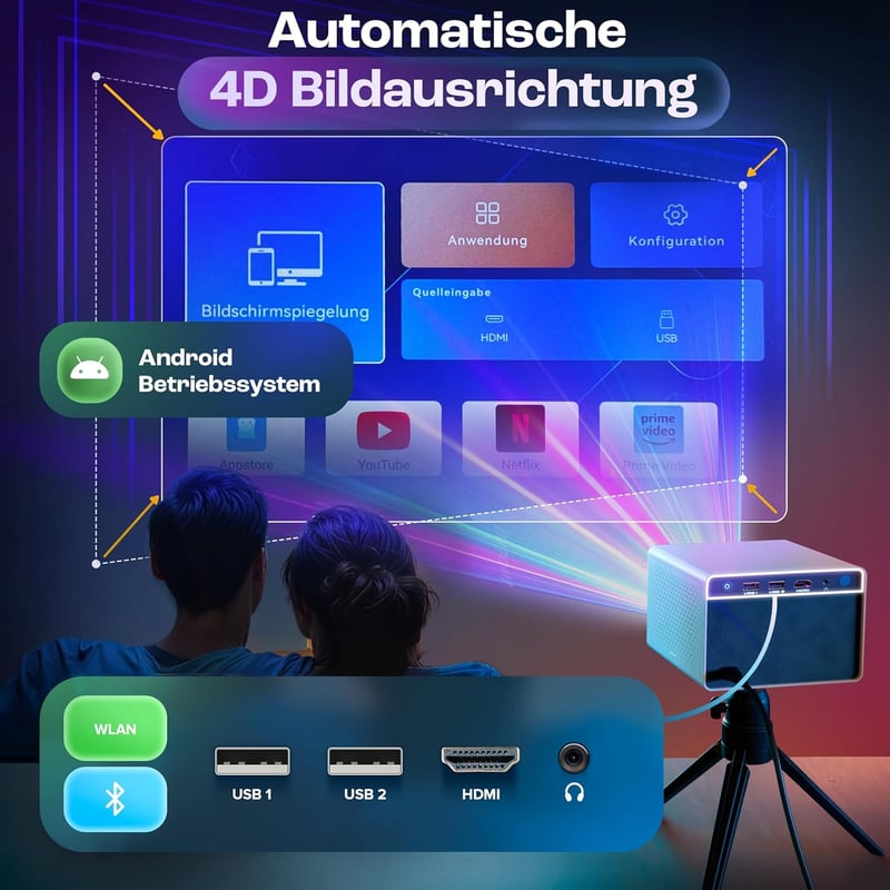 CuBeam Mini 4K Projektor - 20000 Lumen LED Házimozi Vetítő WiFi és Bluetooth Kapcsolattal, 4D Képkorrekció, Rövid Vetítési Távolság, Hordozh
