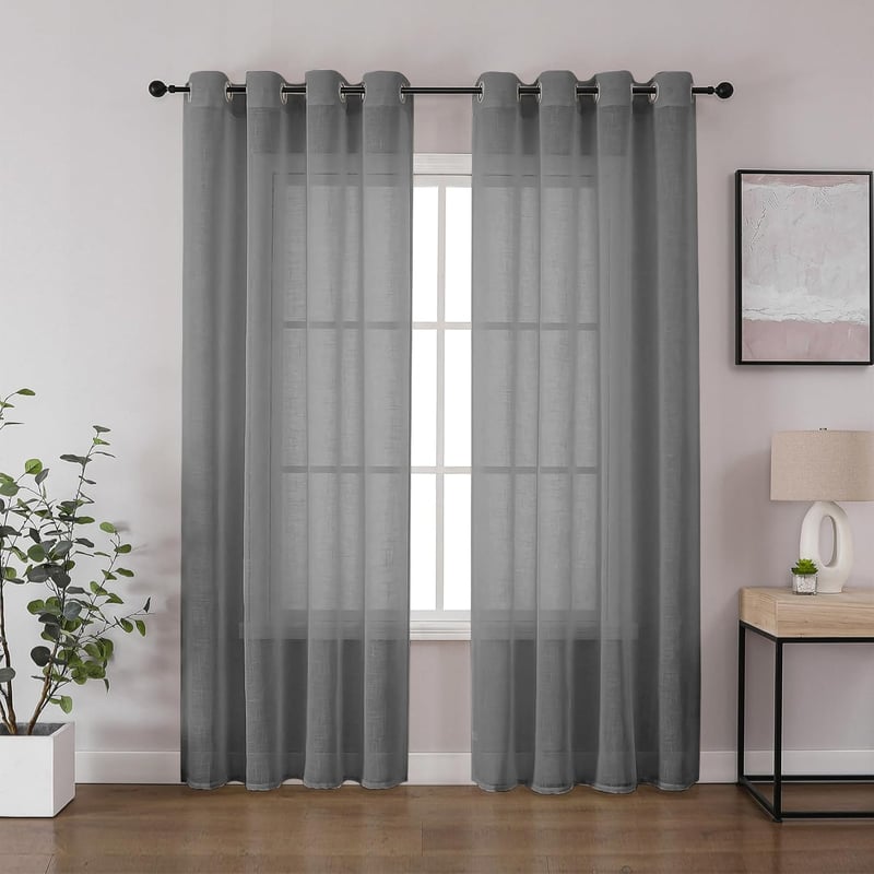 CUCRAF Záves z voálu s ľanovým vzhľadom s kovovými krúžkami, polopriehľadný, sivý, 225x140 cm, 2 ks – do spálne, obývačky