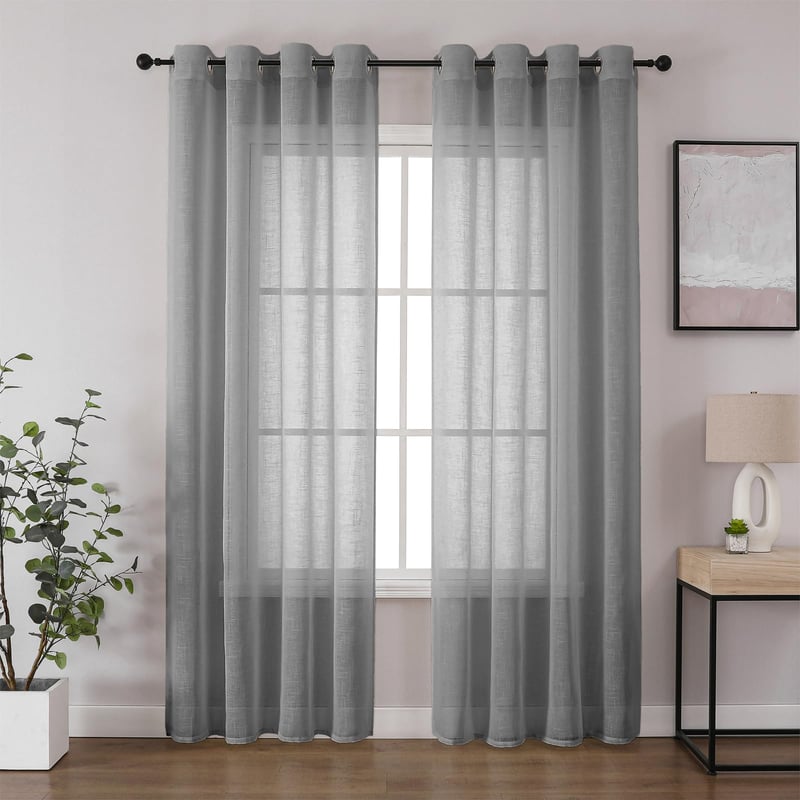 CUCRAF Sivý záves typu voile s ľanovým vzhľadom s kovovými krúžkami, polopriehľadný záves do spálne a obývačky, 140x225 cm, 2 ks, sivý
