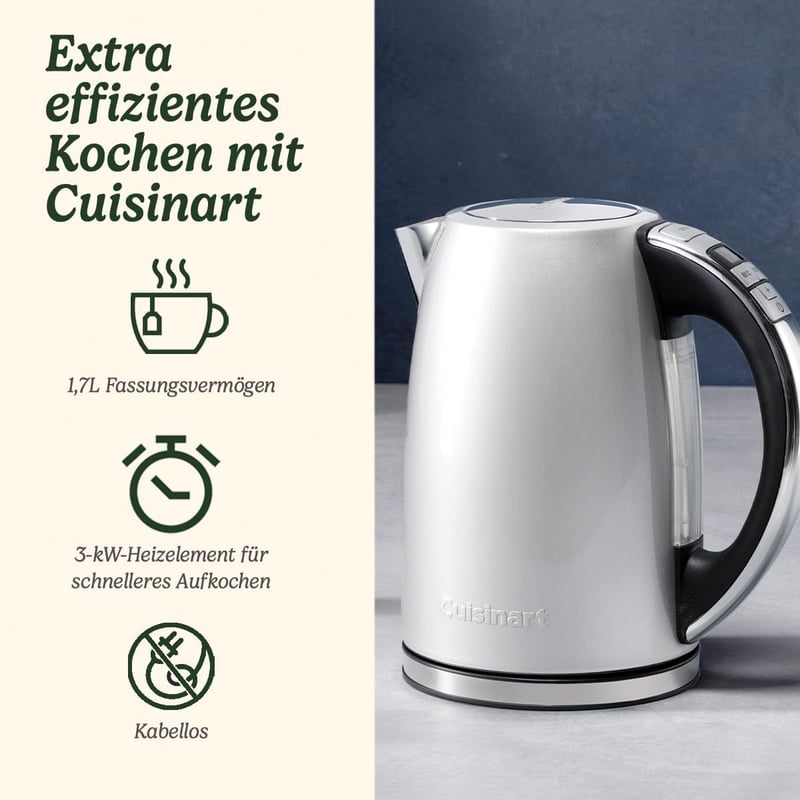 Cuisinart Multi-Temp Kettle, Quick Boil, Wireless, Stainless Steel Finish, 1.7 L Capacity, Adjustable Temperature, Removable, Washable Anti-limescale Filter, Brushed Stainless Steel