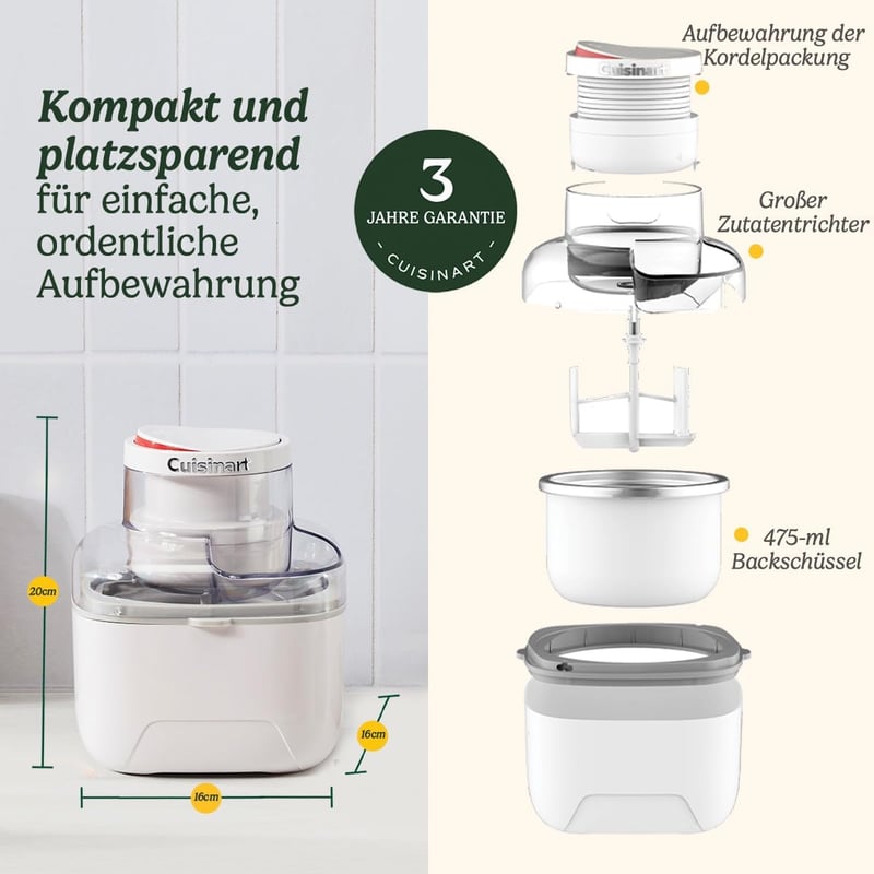 Cuisinart Solo Scoops Ice Cream Maker | Homemade Gelato & Ice Cream Maker in 25 Minutes | Sorbet Maker | Frozen Yogurt Maker | Compact, Space-Saving | 475 ml Mixing Bowl | ICEM10