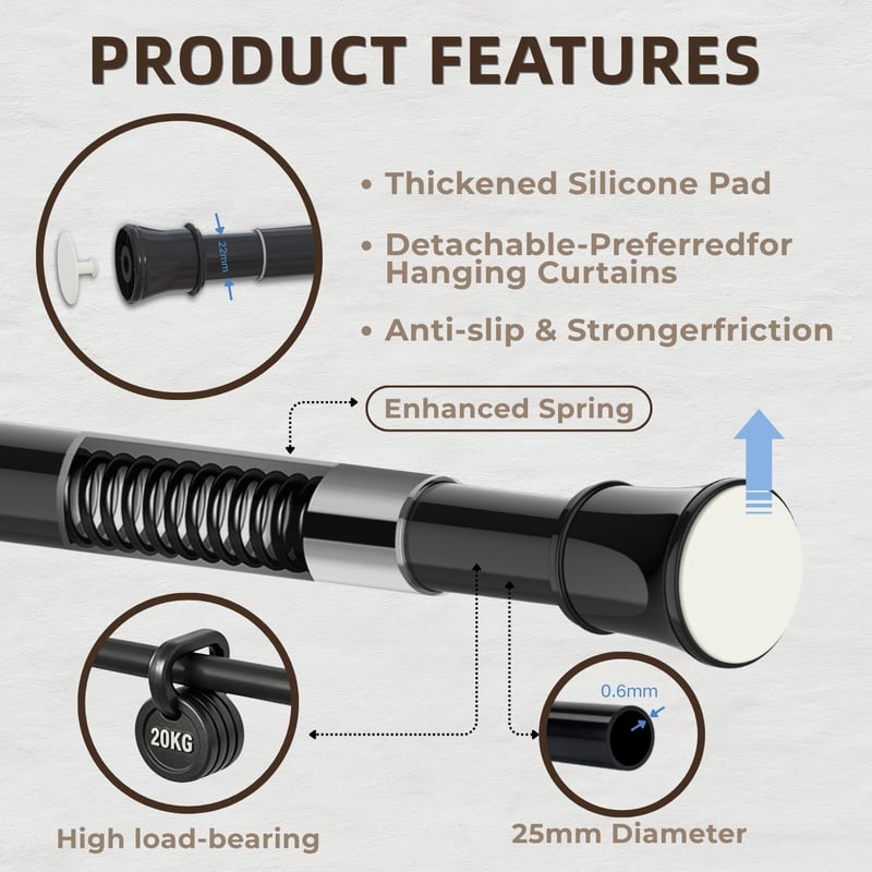 Curtain Pole No Drilling Black 50-70 cm | 1 Piece Telescopic Rod | Shower Rail & Curtain Rod for Clamping | Tension Rod for Shower and Window | Sturdy Clamping Rod - 48-70 cm, Black