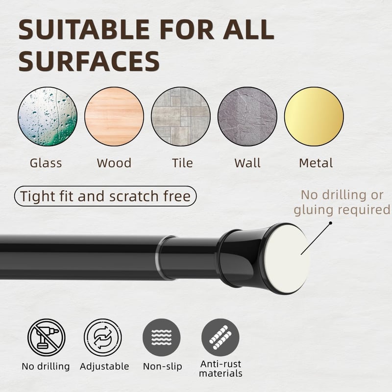 Curtain Pole No Drilling Black 50-70 cm | 1 Piece Telescopic Rod | Shower Rail & Curtain Rod for Clamping | Tension Rod for Shower and Window | Sturdy Clamping Rod - 48-70 cm, Black