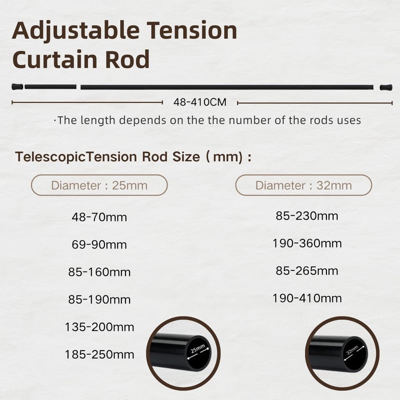 Curtain Pole No Drilling Black 50-70 cm | 1 Piece Telescopic Rod | Shower Rail & Curtain Rod for Clamping | Tension Rod for Shower and Window | Sturdy Clamping Rod - 48-70 cm, Black