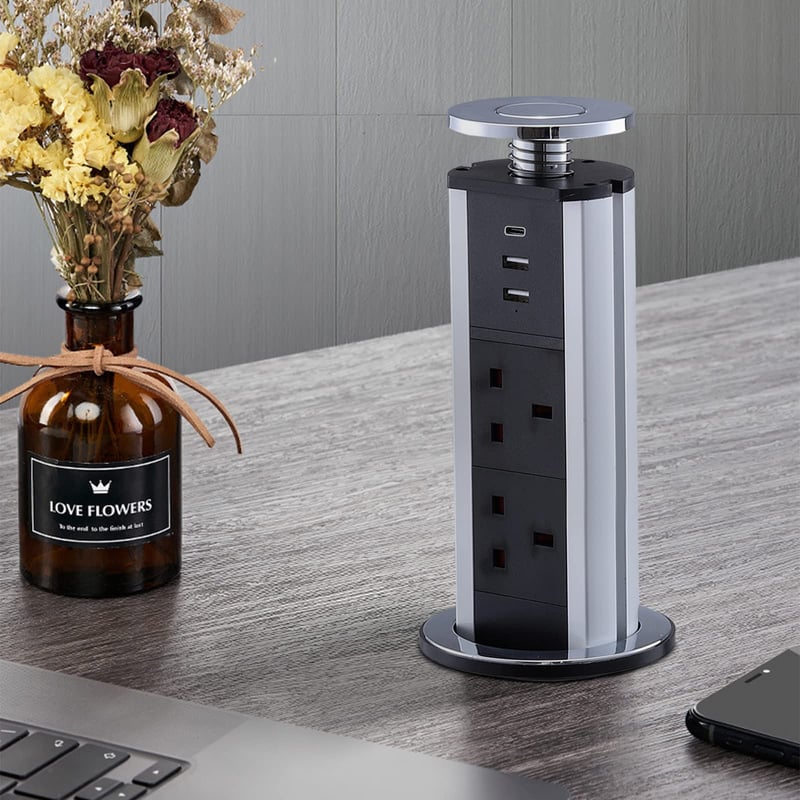 Výsuvná zásuvka na stôl CURUK s USB-C a 2 nabíjacími USB portmi, 3 zásuvkami na kuchynskú pracovnú dosku, strieborná, 10x10 cm