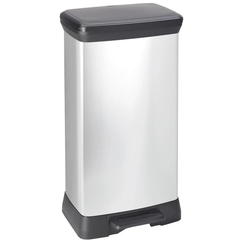 Pedálový odpadkový kôš Curver Deco Bin 50 l s nášľapným mechanizmom, tichým zatváraním, sivý s kovovým vzhľadom, pachotesný, 39x29x72 cm, na kuchynský odpad