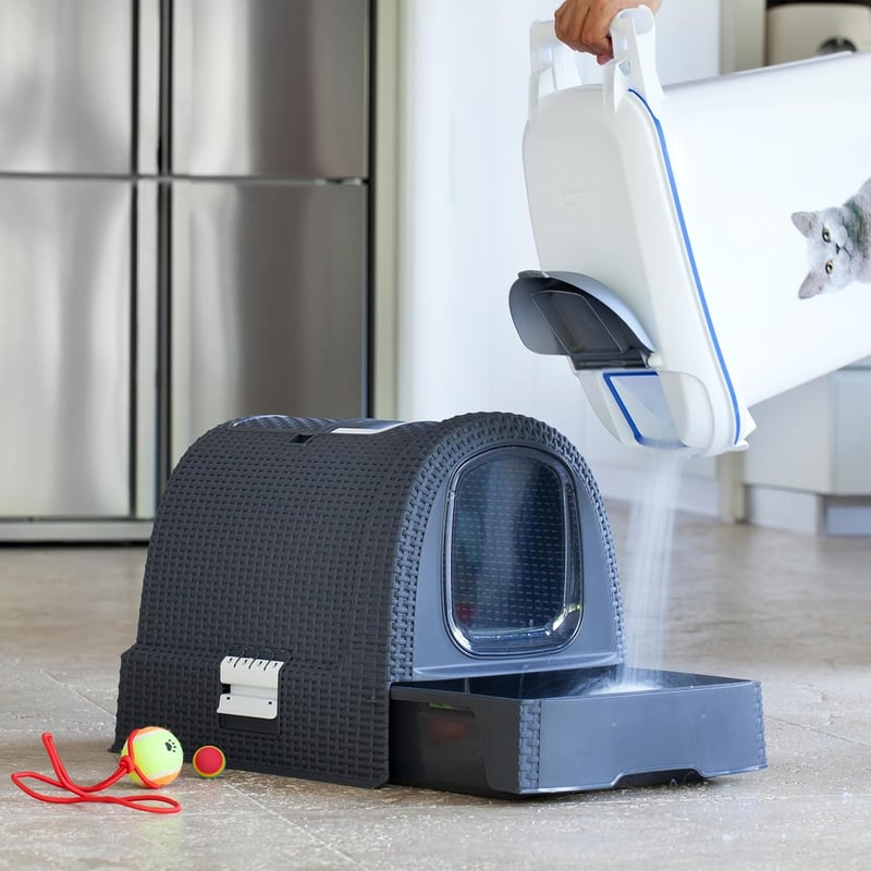 Curver Petlife Macskavécé Fedéllel és Lapáttal Rattan Hatású Antracit 51x38x40cm