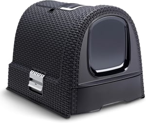 Curver Petlife mačji WC s poklopcem i lopaticom, izgled ratana - antracit - 51,5x38,5x40 cm