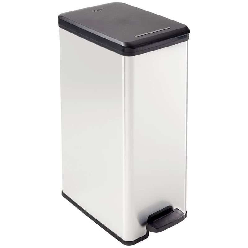 Odpadkový kôš s pedálom Curver Slim Bin 40 l, sivý, plast s kovovým vzhľadom, do kuchyne, kúpeľne a kancelárie, 39,3x25x60,7 cm, recyklovaný