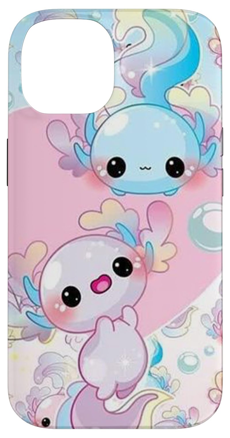 Roztomilý obal na iPhone 14 s motívom axolotla, modrý a ružový axolotl, pekný kawaii dizajn
