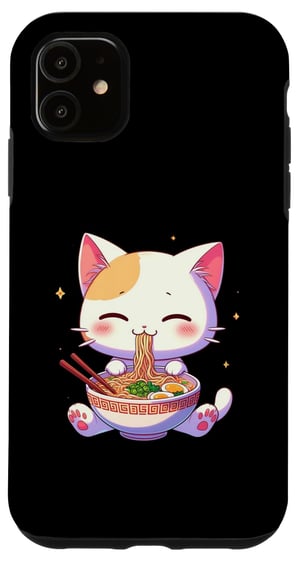 Husă pentru iPhone 11 cu model drăguț de pisică anime, tăiței ramen și stil kawaii, carcasă de telefon tip desen animat amuzant pentru fani manga și otaku