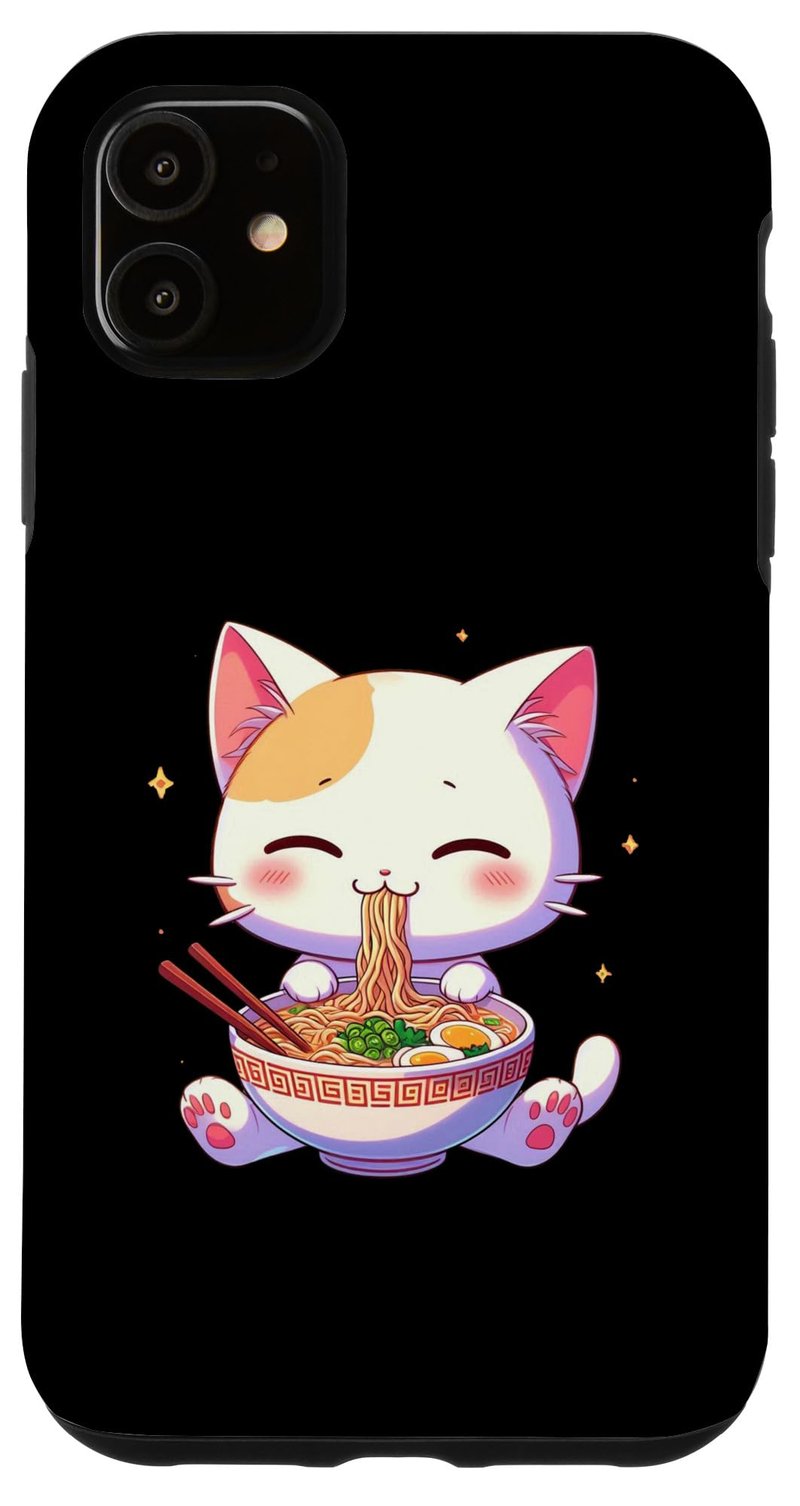 Husă pentru iPhone 11 cu model drăguț de pisică anime, tăiței ramen și stil kawaii, carcasă de telefon tip desen animat amuzant pentru fani manga și otaku