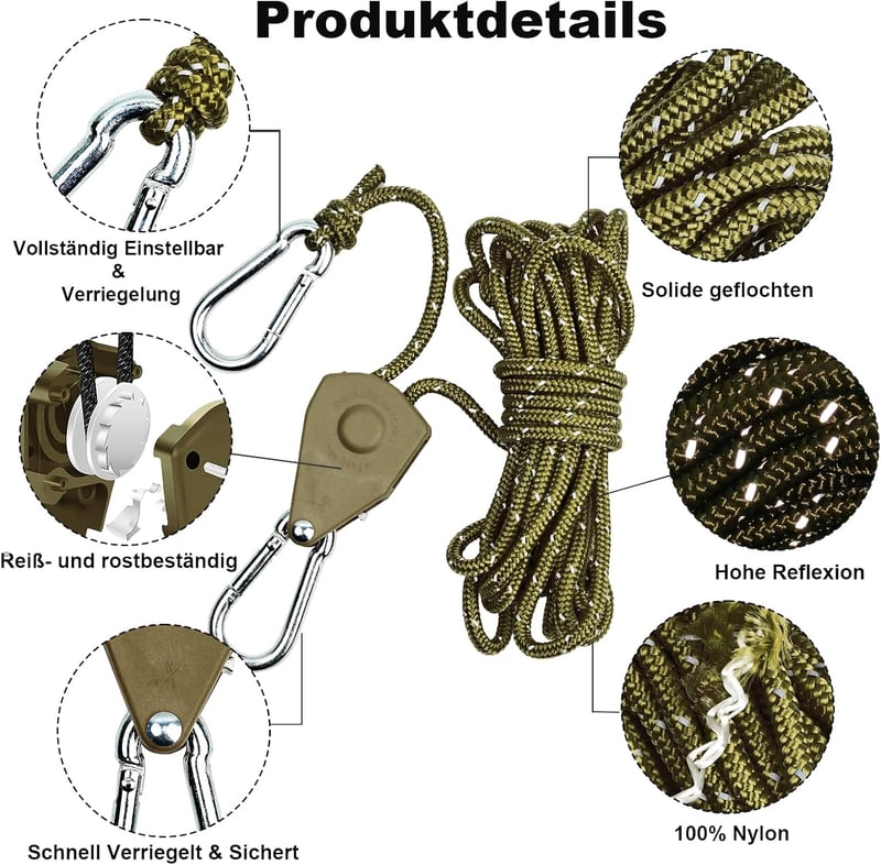 Cveenk 6db 4m Reflektáló Sátorkötél Feszítővel, Zöld Nylon Kempingkötél Ponyvához