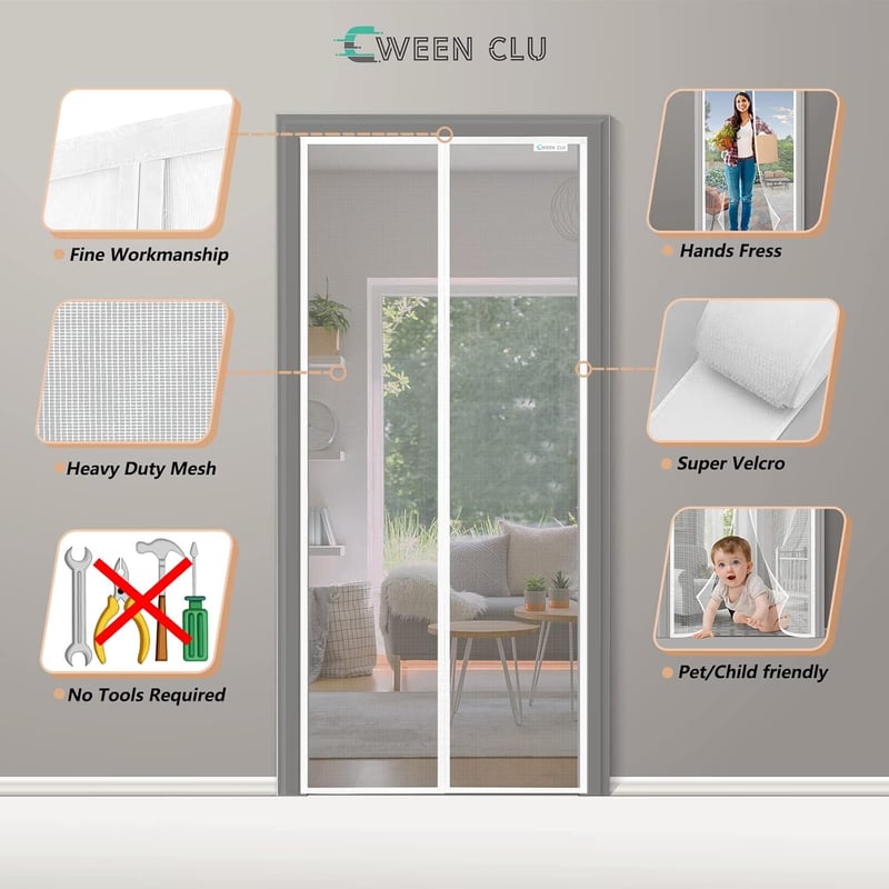 CWEEN CLU Mágneses Szúnyogháló Ajtó 90x210cm Erkélyajtóhoz Fúrás Nélkül Fehér
