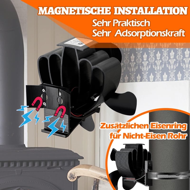 CWLAKON Mágneses Kályha Ventilátor Hőmérővel, Áramszükséglet Nélküli Kandallóventilátor