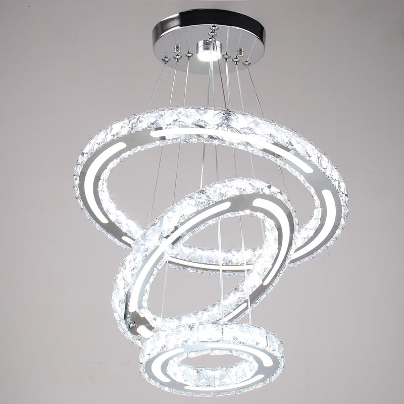 CXGLEAMING Modern LED Kristály Csillár - 3 Gyűrűs Függőlámpa, Állítható Magasság, 52W, 6500K Fehér Fény, Nappali, Étkező, Konyha