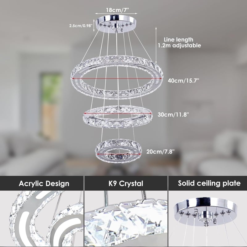 CXGLEAMING Modern LED Kristály Csillár - 3 Gyűrűs Függőlámpa, Állítható Magasság, 52W, 6500K Fehér Fény, Nappali, Étkező, Konyha