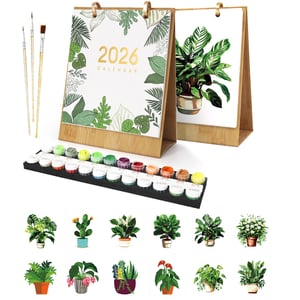 CXINLky Stolni kalendar 2026. s motivom zelenih biljaka za oslikavanje po brojevima, DIY set s stalkom, kistom i akrilnim bojama, idealno za uređenje doma i poklon