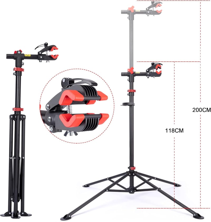CXWXC Kerékpár Szerelőállvány - Profi Bicikli Javítóállvány 360° Forgatható Fejjel, Szerszámtálcával, 30kg Teherbírással, Összecsukható - black