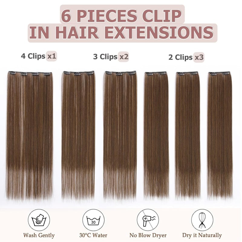 Cybelleza Csatos Hajhosszabbítás - 65 cm Egyenes Műhaj, 6 Részes Szett, Sötétbarna-Vörösesbarna Keverék, Természetes Hatású Hajdúsító