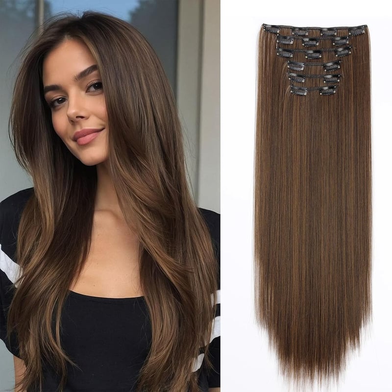 Cybelleza Csatos Hajhosszabbítás - 65 cm Egyenes Műhaj, 6 Részes Szett, Sötétbarna-Vörösesbarna Keverék, Természetes Hatású Hajdúsító